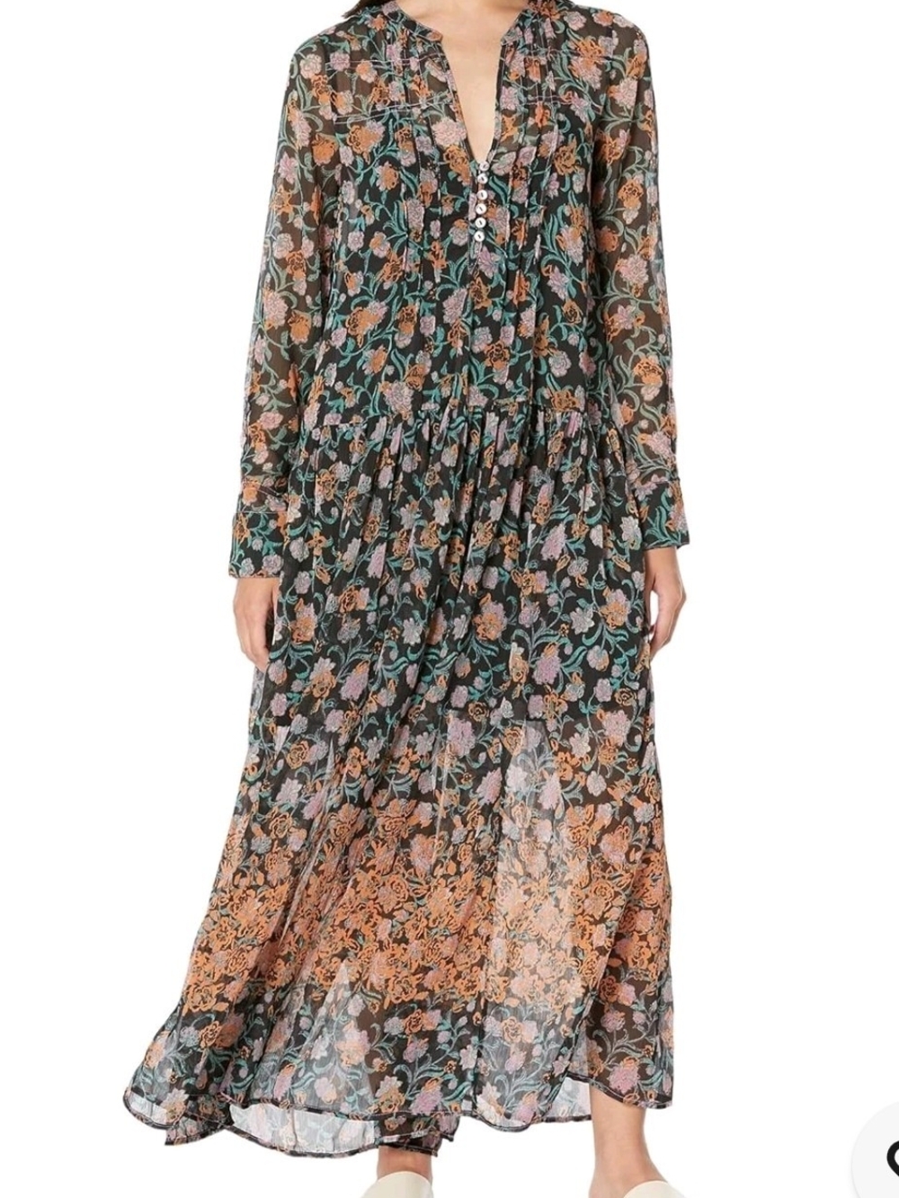 Free People Black Floral Tiered Maxi Dress with Peach Accents Long Sleeve